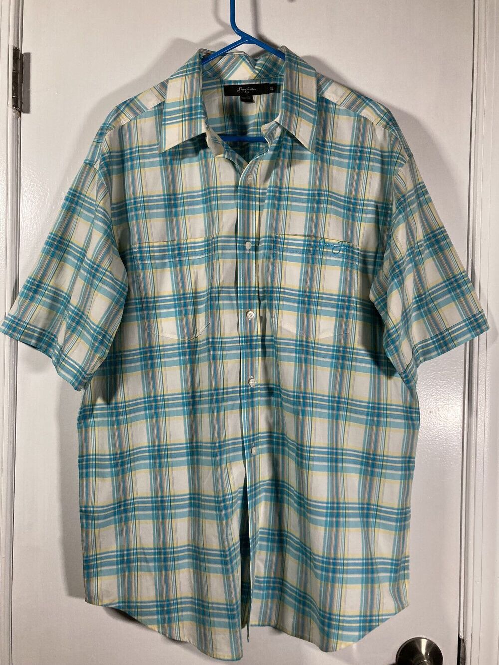 Sean John Men’s Button Up Collared Shirt (XL) • Teal Check • EUC •